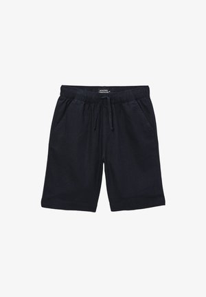 Shorts noirs décontractés avec taille élastique, cordon de serrage et poches latérales, présentés sur fond blanc.