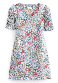 Kukallane mekko, jossa on vaaleansininen tausta, puff-hihat, pyöreä kaula-aukko ja nappikiristys. Printissä on punaisia, vaaleanpunaisia ja sinisiä kukkia.