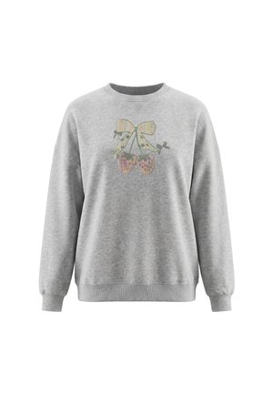 Lysegrå langærmet sweatshirt med ribbet manchet og kant, med et falmet kirsebær- og sløjsegrafik på brystet.