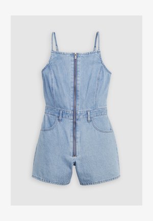 Mono corto sin mangas de denim azul claro con cremallera frontal, tirantes ajustables, trabillas para cinturón y dos bolsillos delanteros sobre fondo blanco.