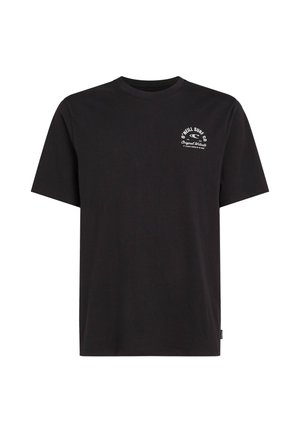 Zwarte T-shirt met korte mouwen, gemaakt van katoen, met een klein wit grafisch logo op de linkerkant van de borst en een ronde hals.