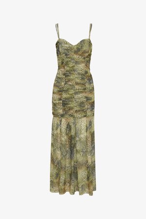 Roheline ja pruunikirju maksikleit reguleeritavate spagetirihmadega, istuv kehaosa, rümpade detailid ja voolav seelik.