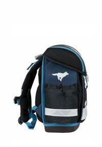 Backpack with blue and black panels, mesh fabric, reflective accents, mountain pattern, adjustable straps, and a fox logo on the front.