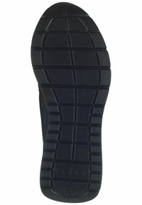 Soletta di scarpa in gomma nera con scanalature profonde e superficie texturizzata. Presenta il marchio "Gabor" e un motivo del battistrada per una migliore trazione.