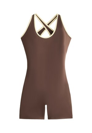 Maillot de bain une pièce marron avec bordure crème et bretelles croisées dans le dos, offrant une couverture courte des jambes.
