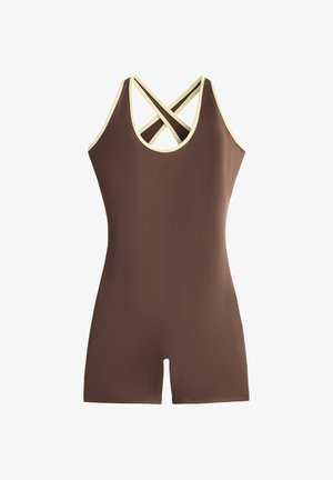Maillot de bain une pièce marron avec bordure crème et bretelles croisées dans le dos, offrant une couverture courte des jambes.