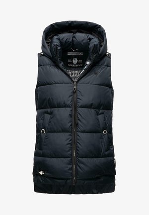 Padded navy vest with a detachable hood, zip closure, and side pockets. Features a subtle logo and button accents. Smooth texture.