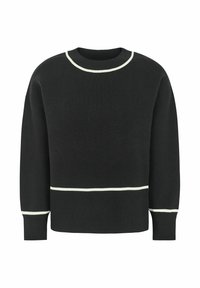 Pulover negru tricotat cu decolteu rotund, prezentând margini albe contrastante la gât și o bandă orizontală la tiv. Croială lejeră.