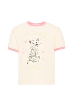 Maglietta per bambini color crema con colletto e polsini rosa, con illustrazione di un gatto DJ e testo con la scritta "The Electro Kids Festival."