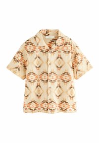 Chemise à manches courtes, boutonnée, en beige clair avec un motif tribal géométrique aux tons orange et marron. Conception à col avec une coupe décontractée.