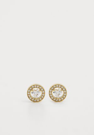Gold-toned stud earrings featuring a heart-shaped crystal center surrounded by small clear stones in a circular setting.