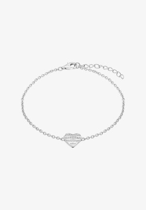 Silberfarbenes Gliederarmband mit einem kleinen herzförmigen Anhänger, der mit horizontal angeordneten Reihen klarer Steine besetzt ist.