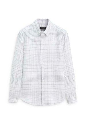 Chemise blanche à manches longues boutonnée avec un motif discret à carreaux noirs et un col classique, présentée à plat sur fond blanc.