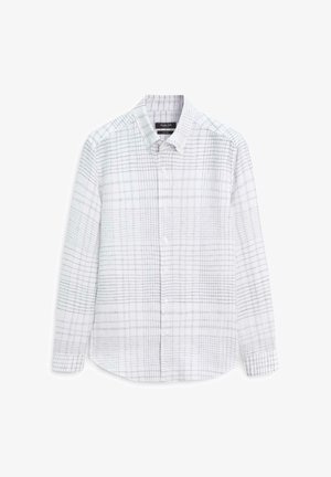 Chemise blanche à manches longues boutonnée avec un motif discret à carreaux noirs et un col classique, présentée à plat sur fond blanc.