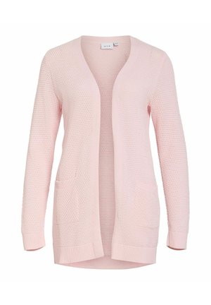 Hele roosa kardigan tekstuurse kudumismaterjaliga, millel on V-kaelus, avatud esiosa, pikad varrukad ja kaks eesmist taskut.