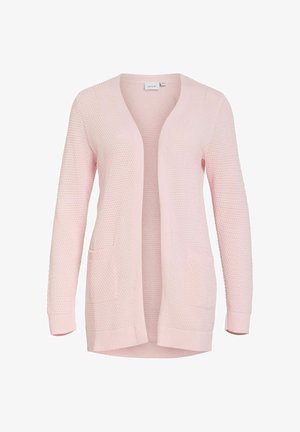 Cardigan rose clair en tissu en maille texturée, avec un col en V, une ouverture sur le devant, des manches longues et deux poches à l'avant.