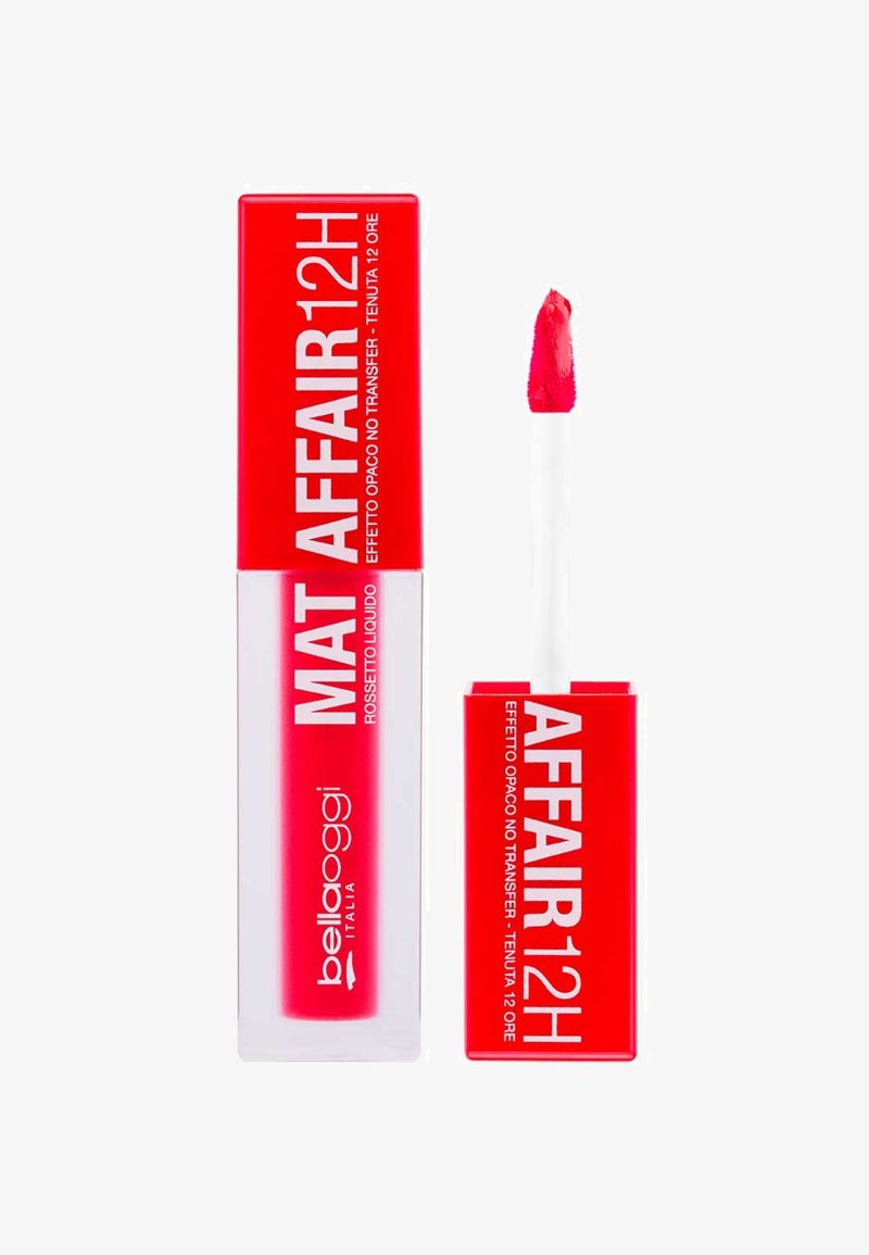 Rossetto liquido in un tubo trasparente con un cappuccio rosso brillante. Presenta un applicatore piatto con prodotto rosa visibile. Testo bianco sulla confezione.