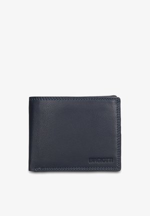 Marineblauwe leren portemonnee met een gestructureerde afwerking, gestikte randen en een geëtst logo. Compact rechthoekig model, minimale details.