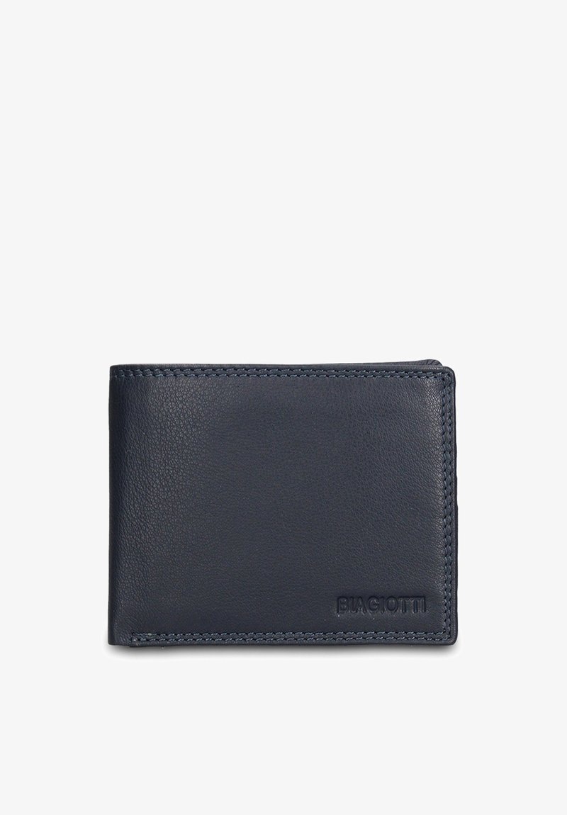 Marineblauwe leren portemonnee met een gestructureerde afwerking, gestikte randen en een geëtst logo. Compact rechthoekig model, minimale details.