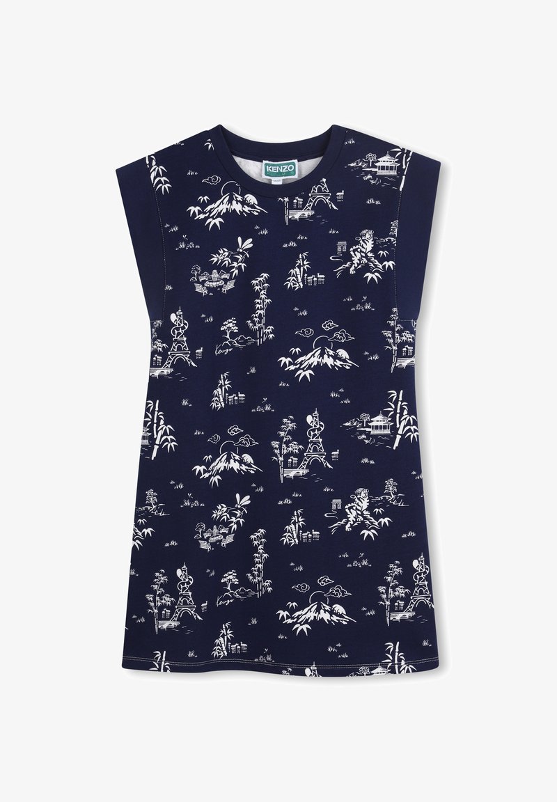 Robe bleu marine à manches courtes, avec un imprimé graphique blanc représentant des paysages, du bambou et des nuages. Confectionnée en tissu doux et confortable.