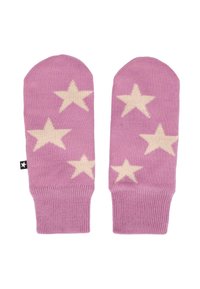 Różowe dziergane rękawiczki z kremowymi wzorami w gwiazdki, ściągacze i mała czarna metka z logo gwiazdki po boku.