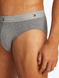 Šedé bavlněné spodky s elastickým pásem s logem obsahujícím nápis "TOMMY HILFIGER" v bílé, červené a modré barvě. Hladká textura, přiléhavý design.