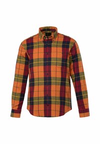 Langærmet skjorte i orange, rød og marineblå plaidmønster. Knappelysekrone, forreste knapper og brystlomme. Blødt, tekstureret stof.