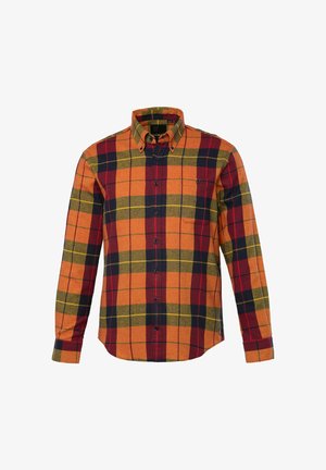 Camisa de manga larga en un patrón a cuadros en naranja, rojo y azul marino. Cuello abotonado, botones en el frente y bolsillo en el pecho. Tejido suave y texturado.