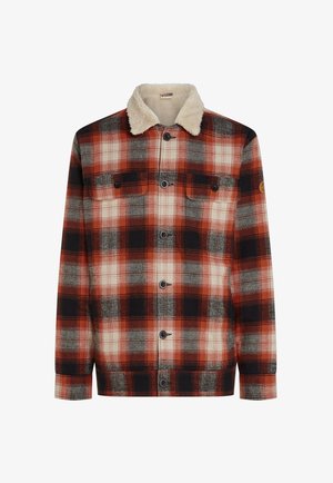 Czerwono-czarna biała kraciasta kurtka z przodem zapinanym na guziki, dwoma kieszeniami na piersi i kołnierzem z kremowego sherpa.