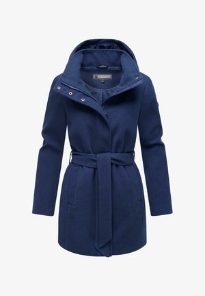 Tumši zilas krāsas mērce, kas izgatavota no mīkstas auduma, ar kapuci, sašaurinātu vidukli ar jostu, priekšēju rāvējslēdzēju un sānu kabatām.