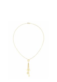 Auksinės spalvos vėrinys su subtilia grandinėle, kuriame centre yra širdies formos pakabukas ir trys mažesni kabančių širdelių akcentai.