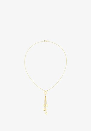 Ogrlica z zlatim odtenkom, ki vsebuje nežno verižico s središčnim obeskom v obliki srca in tremi manjšimi visečimi srčnimi okraski.