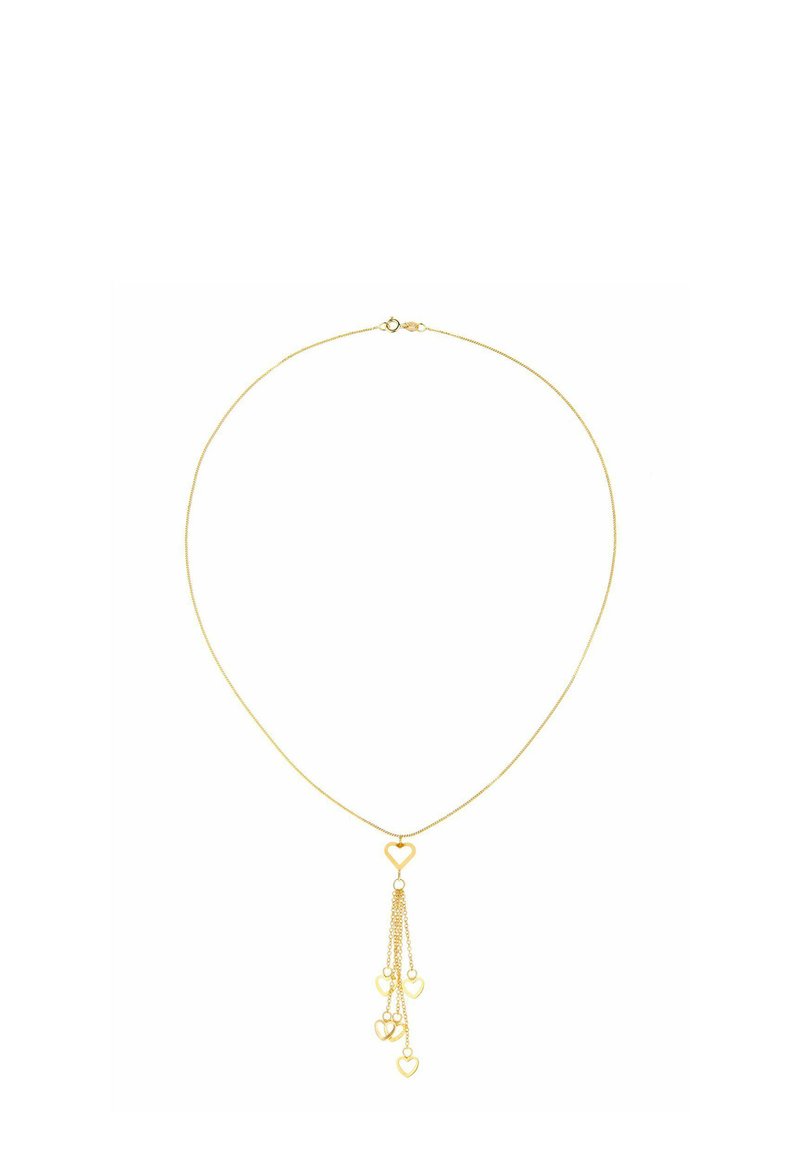 Auksinės spalvos vėrinys su subtilia grandinėle, kuriame centre yra širdies formos pakabukas ir trys mažesni kabančių širdelių akcentai.