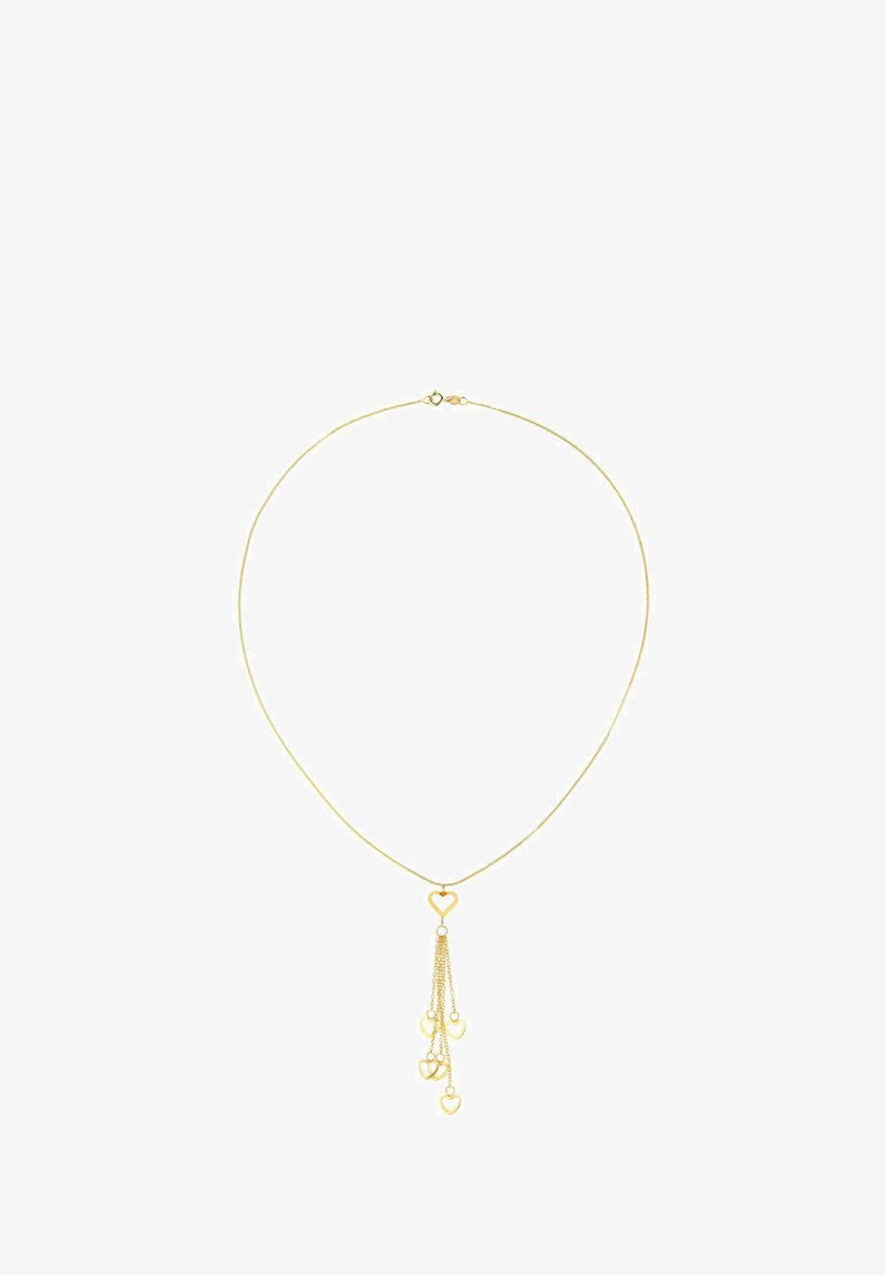 Auksinės spalvos vėrinys su subtilia grandinėle, kuriame centre yra širdies formos pakabukas ir trys mažesni kabančių širdelių akcentai.
