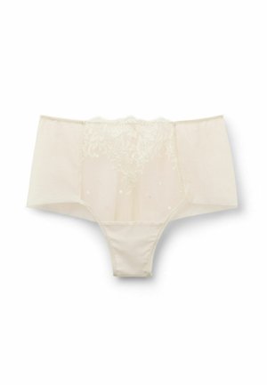 Beige lace hipster panties with sheer panels and floral embroidery detail. Features a scalloped waistband and smooth fabric.