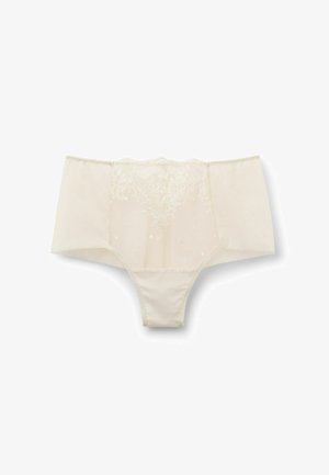 Krémové krajkové a síťované tanga s vysokým pasem, zdobené květinovou výšivkou na průhledné přední části.