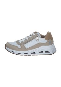 Sneaker mit einer Kombination aus weißen und beigen Materialien. Merkmale sind eine Schnürung vorne, ein seitlicher Reißverschluss und strukturierte Akzente. Gummisohle.