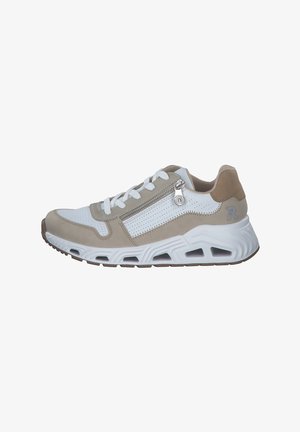 Sneakers with a combination of white and beige materials. Features include a lace-up front, side zipper, and textured accents. Rubber sole.