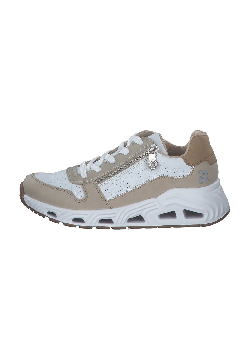 Sneaker mit einer Kombination aus weißen und beigen Materialien. Merkmale sind eine Schnürung vorne, ein seitlicher Reißverschluss und strukturierte Akzente. Gummisohle.