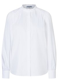 Witte langemouwen blouse met een geplooide halslijn, knopen aan de voorkant en elastische manchetten. Gemaakt van lichtgewicht stof met een gladde textuur.