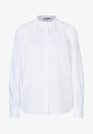 White long-sleeve shirt with a gathered neckline, front buttons, and elasticized cuffs. Made of lightweight fabric with a smooth texture.