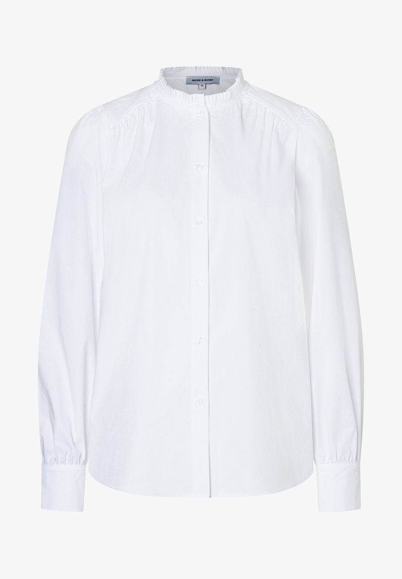Weißes Langarmshirt mit gerafftem Ausschnitt, Knöpfen vorne und elastischen Bündchen. Hergestellt aus leichtem Stoff mit glatter Textur.