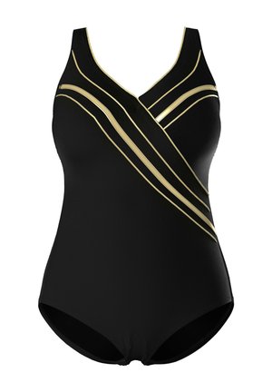 Costume intero nero con strisce diagonali dorate sul petto e sulle spalle, con scollo a incrocio.