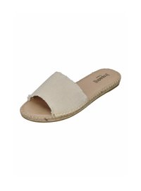 Beige espadrille slide with a textured fabric upper, open toe, and a jute sole. Features raw edges and a natural, casual design.