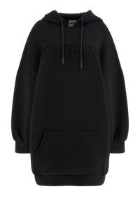 Svart hoodieklänning med översized passform, ribbade muddar, stor framficka och präglad "GUESS"-logotyp på bröstet. Mjuk tygtextur.