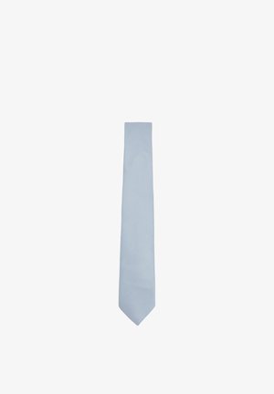 Corbata masculina texturizada en azul claro con punta clásica en forma de pico, mostrada plana sobre un fondo blanco.