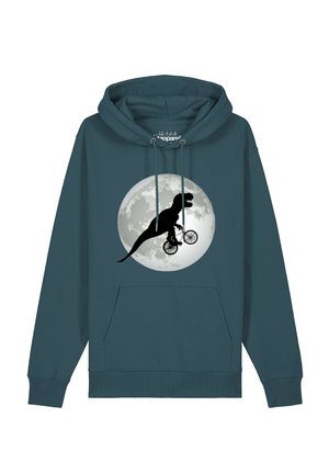 Türkisfarbener Hoodie mit einer Grafik eines schwarzen T-Rex, der vor einem großen Vollmond Fahrrad fährt.
