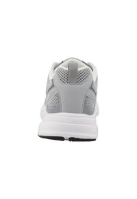 Gray athletic shoe with a mesh upper, white midsole, and black rubber outsole. Features a reinforced heel and textured accents.