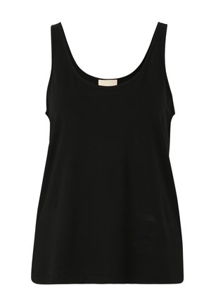 Czarny bezrękawnik wykonany z miękkiej bawełny, z okrągłym dekoltem i luźnym krojem, bez widocznych wzorów lub detali metalowych.
