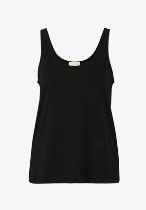 Débardeur noir sans manches en coton doux, avec un décolleté rond et une coupe décontractée, sans motifs ni détails métalliques visibles.